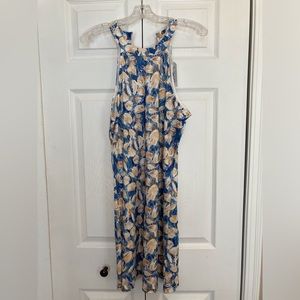 NWOT blue, light yellow and white halter dress. Size Large